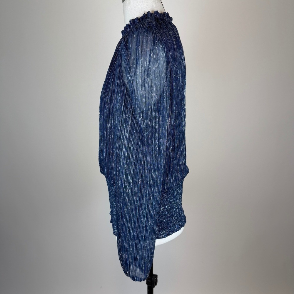 Joie Navy Blue Metallic Pleated Smocked High Neck Blouse Womens Large Party Glam - Picture 4 of 11